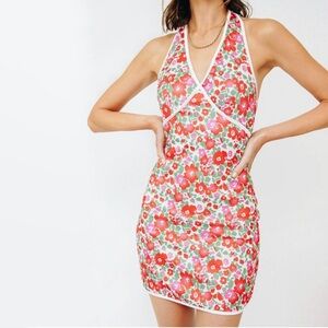 ZARA Pink and Green Floral Mini Knit Halter Dress Women’s Size Medium